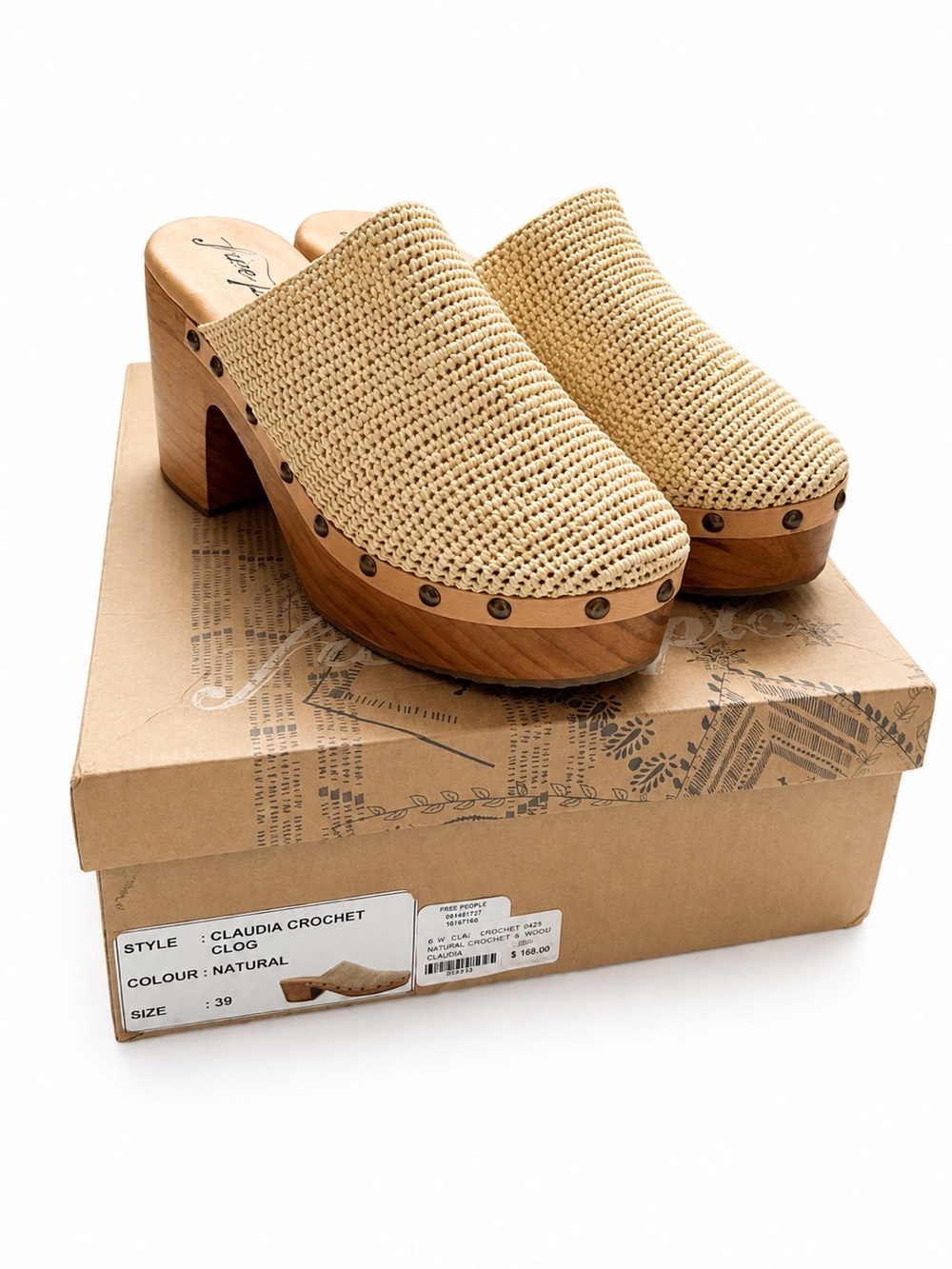 Free People Claudia Crochet Raffia Leather Studded Clogs Natural US 8.5 BNIB - Picture 10 of 11